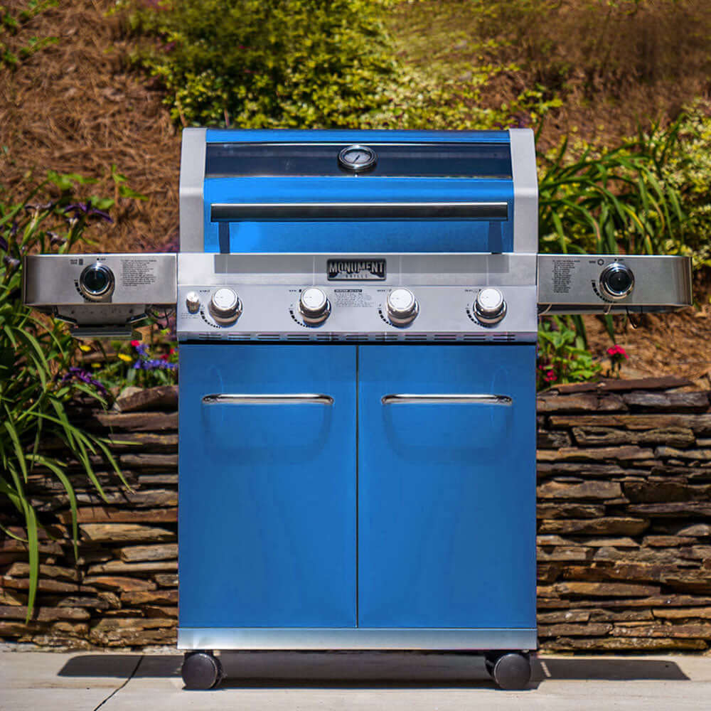 Monument Grills 4 Burner Freestanding Stainless Steel Propane Gas Grill with Clear View Lid Side Burner  and  Infrared Sear Zone   Matte Blue