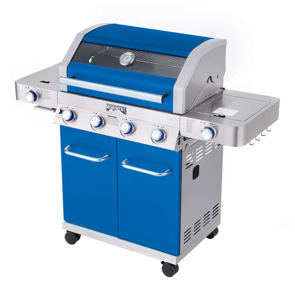 Monument Grills 4 Burner Freestanding Stainless Steel Propane Gas Grill with Clear View Lid Side Burner  and  Infrared Sear Zone   Matte Blue