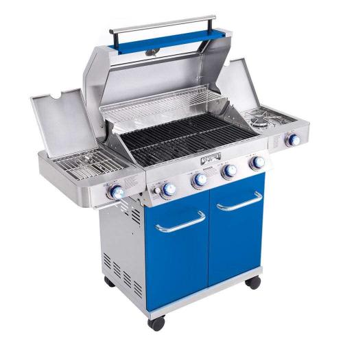 Monument Grills 4 Burner Freestanding Stainless Steel Propane Gas Grill with Clear View Lid Side Burner  and  Infrared Sear Zone   Matte Blue