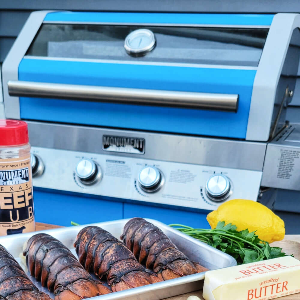 Monument Grills 4 Burner Freestanding Stainless Steel Propane Gas Grill with Clear View Lid Side Burner  and  Infrared Sear Zone   Matte Blue