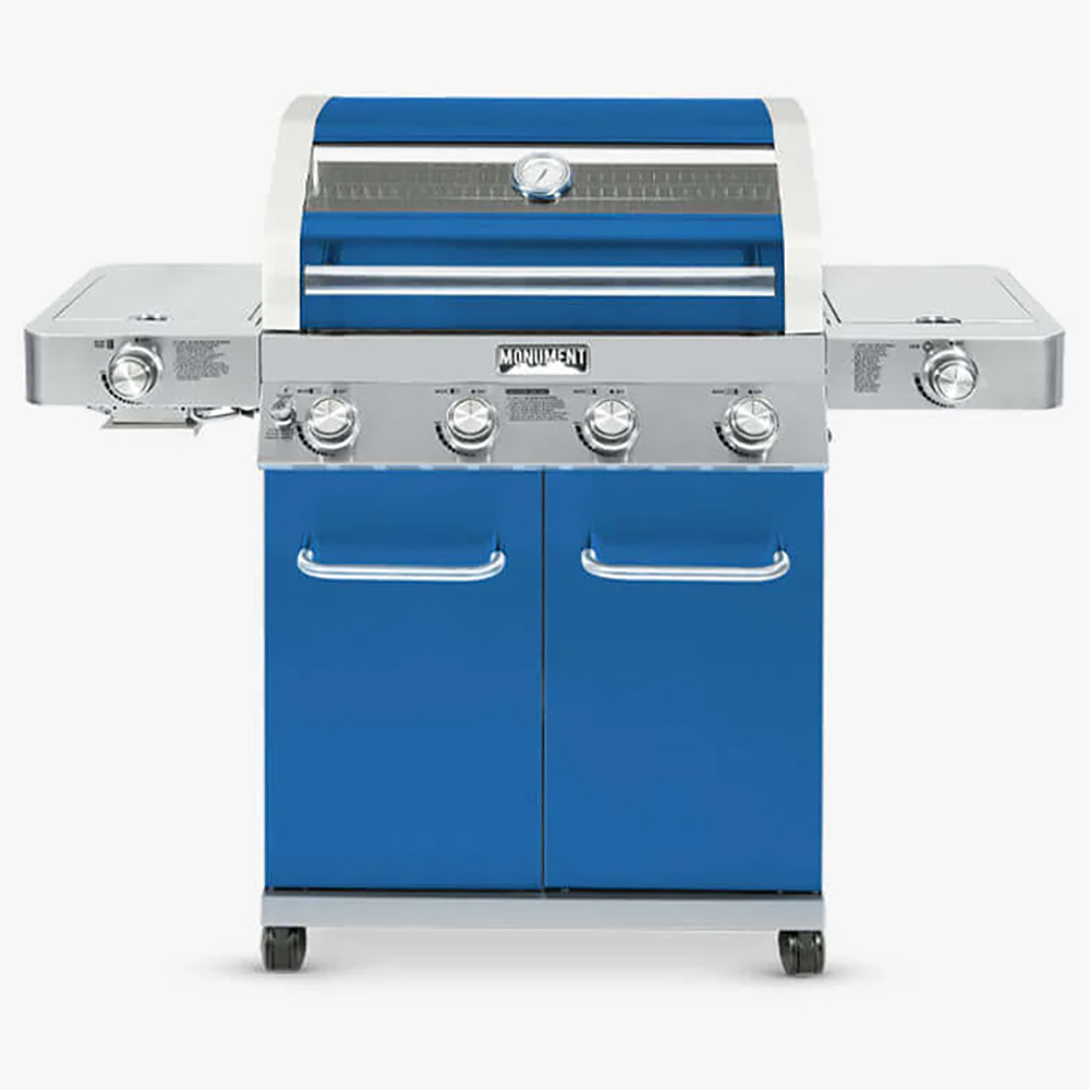 Monument Grills 4 Burner Freestanding Stainless Steel Propane Gas Grill with Clear View Lid Side Burner  and  Infrared Sear Zone   Matte Blue