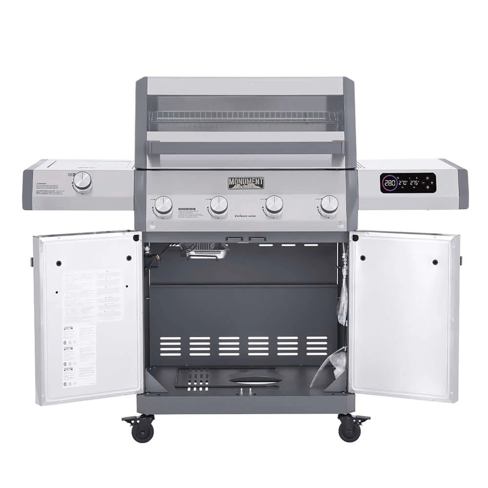Monument Grills Eminence 405 4 Burner Freestanding Stainless Steel Propane Gas Grill with Infrared Sear Station Clear View Lid  and  LED Controls