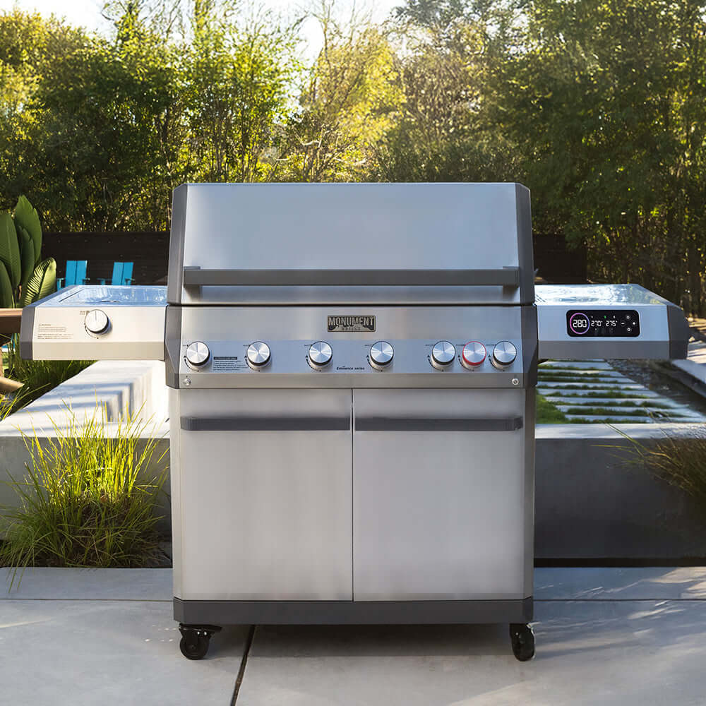 Monument Grills Eminence 605 6 Burner Freestanding Stainless Steel Propane Gas Grill with Infrared Rear Burner Sear Station  and  LED Controls