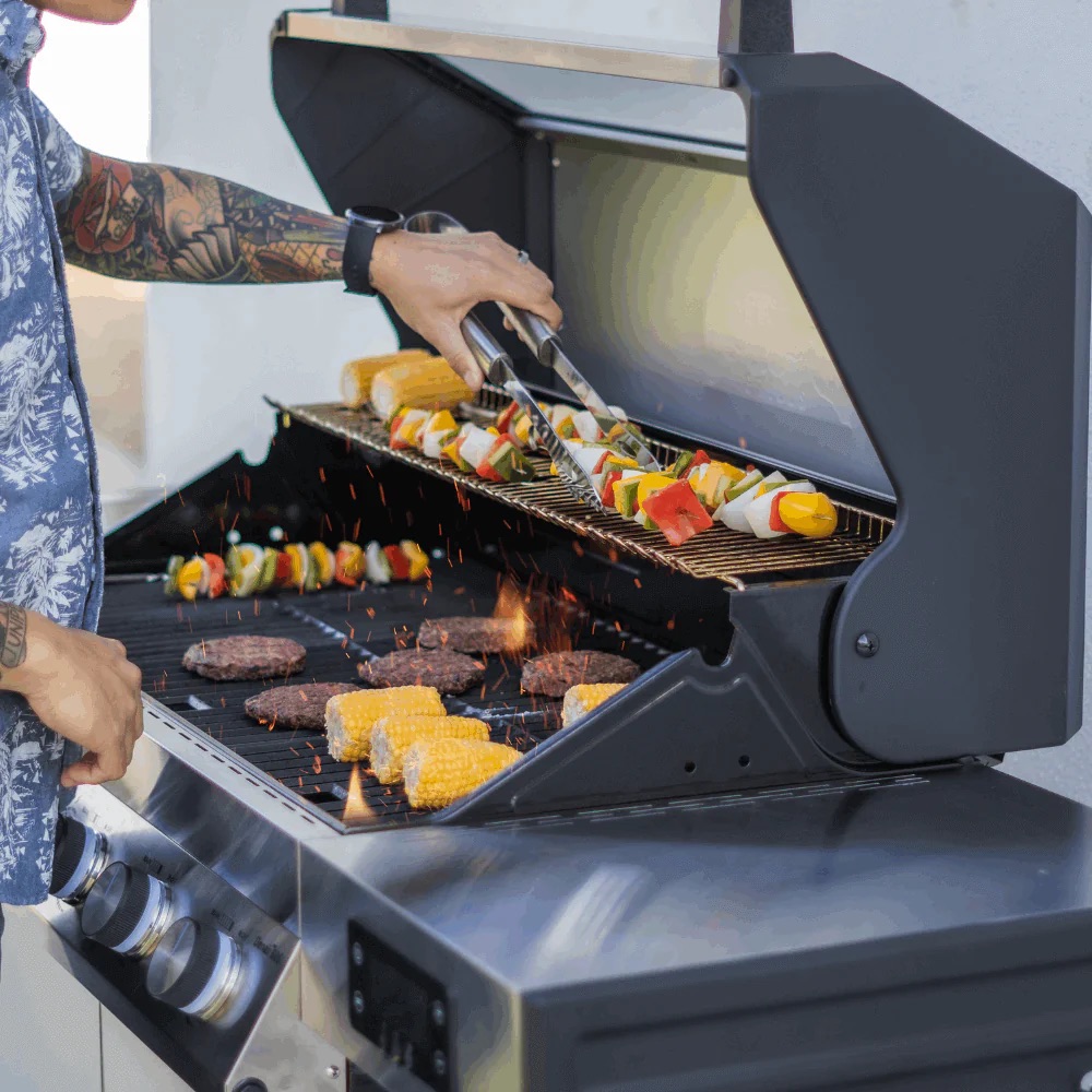 Monument Grills Denali 405 4 Burner Freestanding Smart Tech Stainless Steel Propane Gas Grill with Side Burner Clear View Lid  and  LED Controls