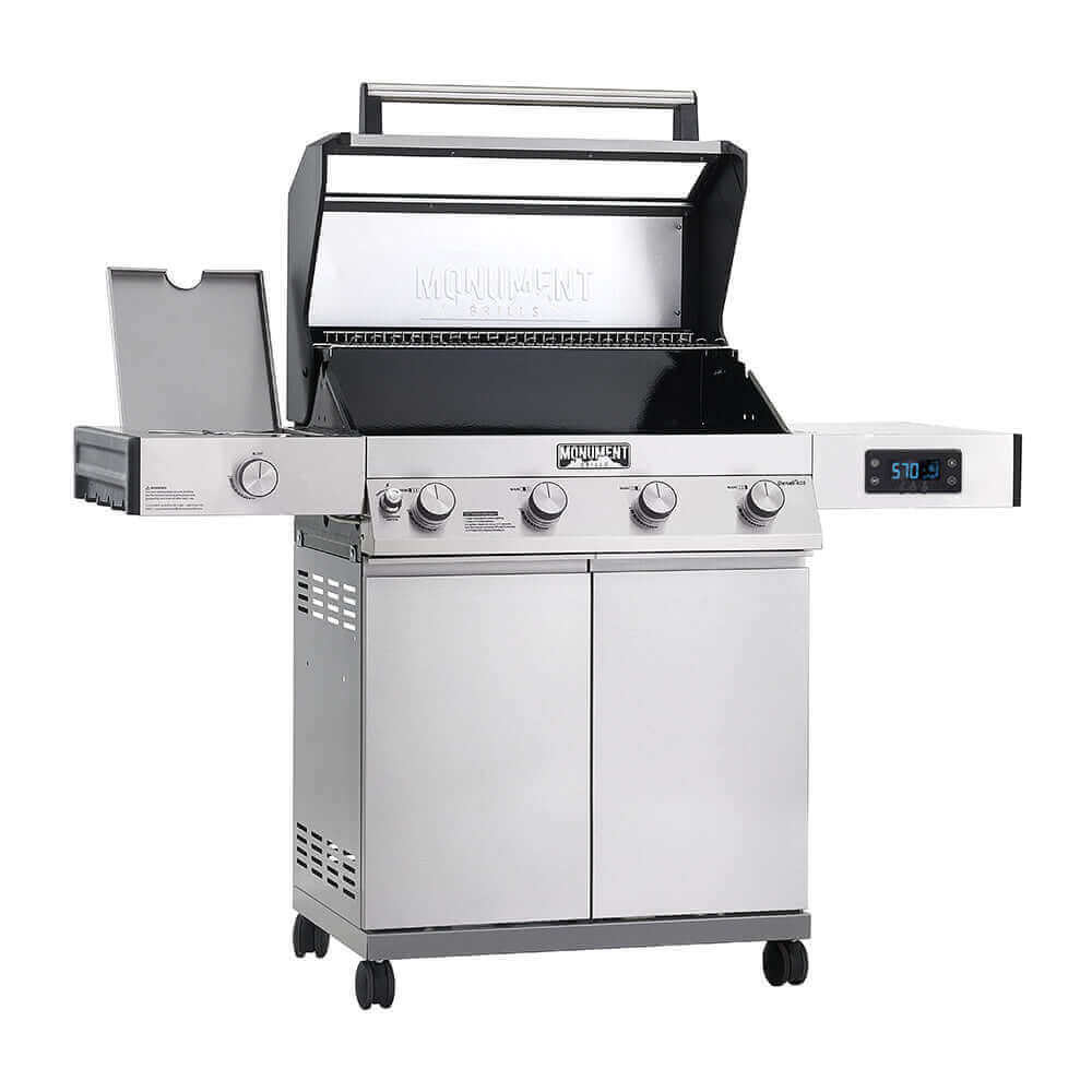 Monument Grills Denali 405 4 Burner Freestanding Smart Tech Stainless Steel Propane Gas Grill with Side Burner Clear View Lid  and  LED Controls