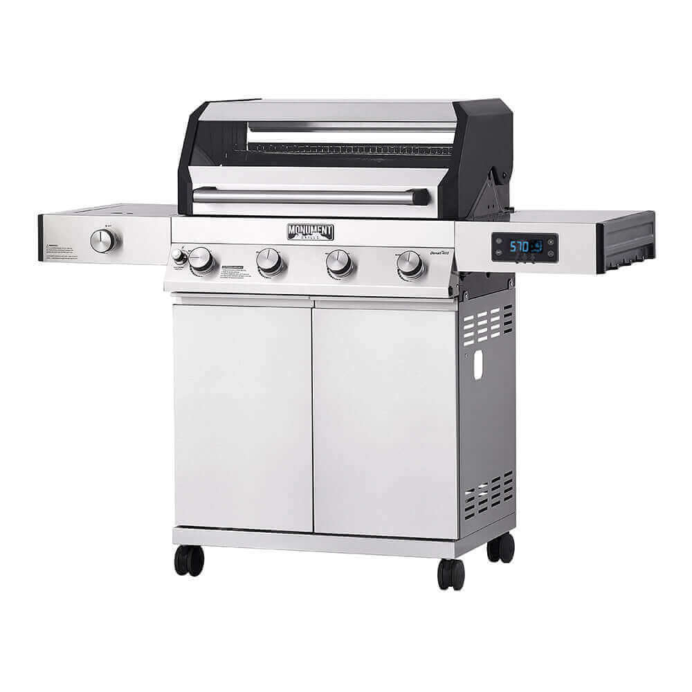 Monument Grills Denali 405 4 Burner Freestanding Smart Tech Stainless Steel Propane Gas Grill with Side Burner Clear View Lid  and  LED Controls