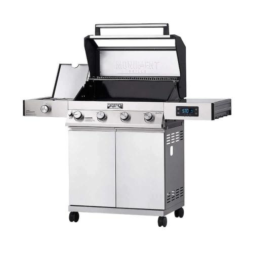 Monument Grills Denali 405 4 Burner Freestanding Smart Tech Stainless Steel Propane Gas Grill with Side Burner Clear View Lid  and  LED Controls