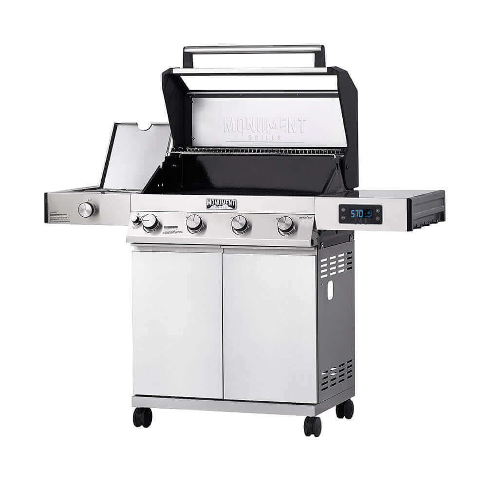 Monument Grills Denali 405 4 Burner Freestanding Smart Tech Stainless Steel Propane Gas Grill with Side Burner Clear View Lid  and  LED Controls