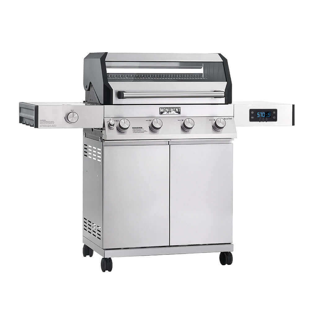Monument Grills Denali 405 4 Burner Freestanding Smart Tech Stainless Steel Propane Gas Grill with Side Burner Clear View Lid  and  LED Controls