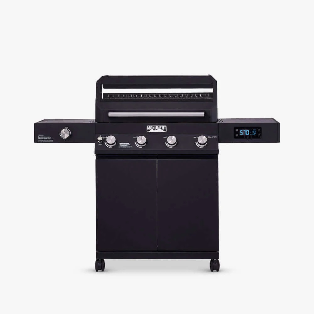 Monument Grills Denali 425 4 Burner Freestanding Smart Tech Propane Gas Grill with Side Burner Clear View Lid  and  LED Controls