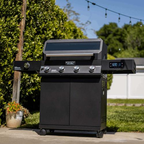 Monument Grills Denali 425 4 Burner Freestanding Smart Tech Propane Gas Grill with Side Burner Clear View Lid  and  LED Controls