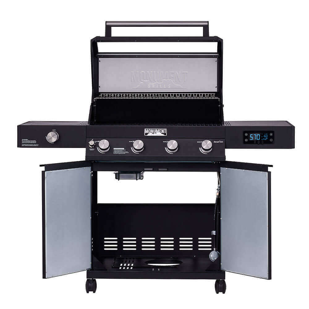 Monument Grills Denali 425 4 Burner Freestanding Smart Tech Propane Gas Grill with Side Burner Clear View Lid  and  LED Controls