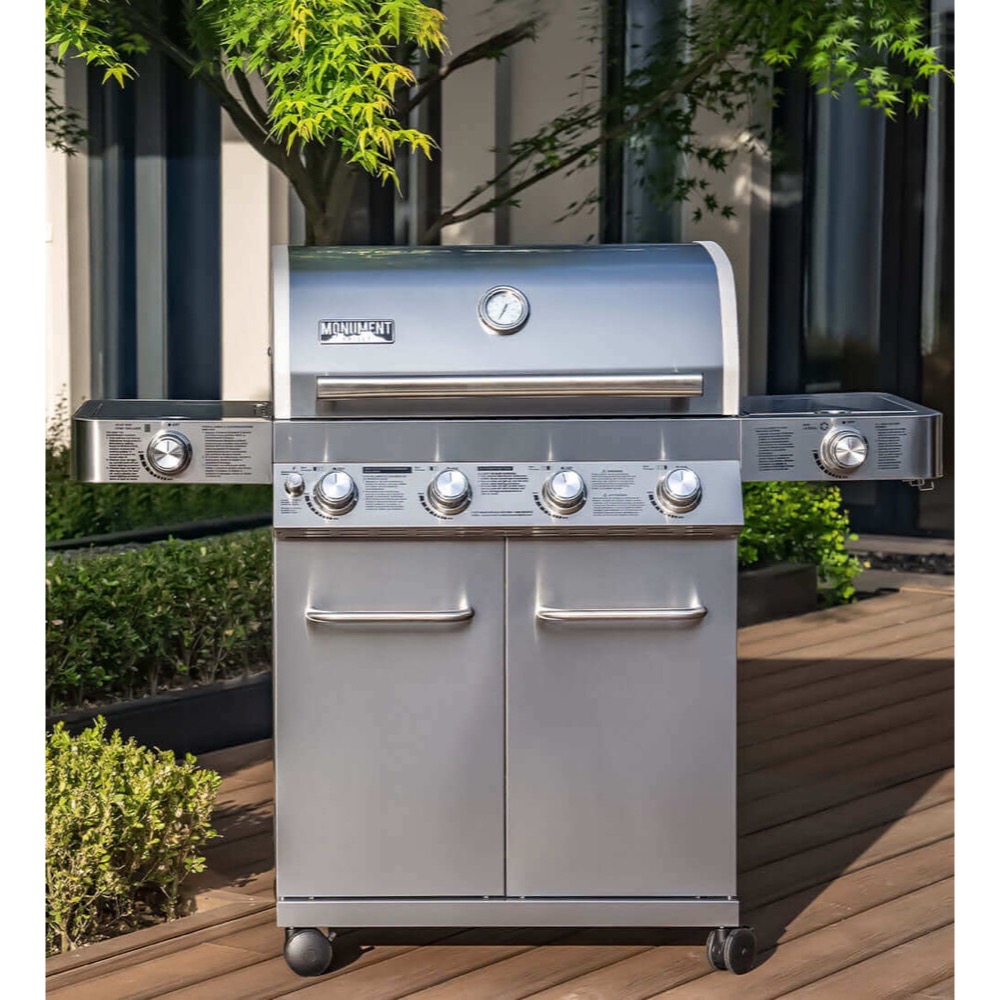 Monument Grills 4 Burner Freestanding Stainless Steel Propane Gas Grill with Side Burner  and  Infrared Sear Station