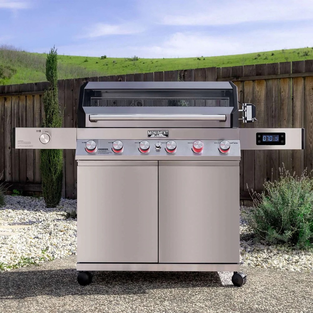 Monument Grills Denali 605Pro 6 Burner Freestanding Smart Tech Stainless Steel Propane Gas Grill with Infrared Sear Burner Side Sear Station  and  LED Controls