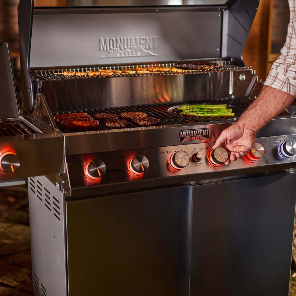 Monument Grills Denali 605Pro 6 Burner Freestanding Smart Tech Stainless Steel Propane Gas Grill with Infrared Sear Burner Side Sear Station  and  LED Controls