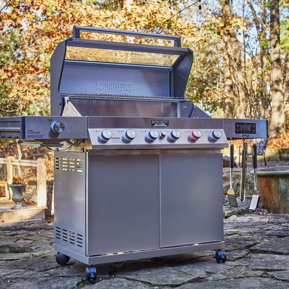Monument Grills Denali 605Pro 6 Burner Freestanding Smart Tech Stainless Steel Propane Gas Grill with Infrared Sear Burner Side Sear Station  and  LED Controls