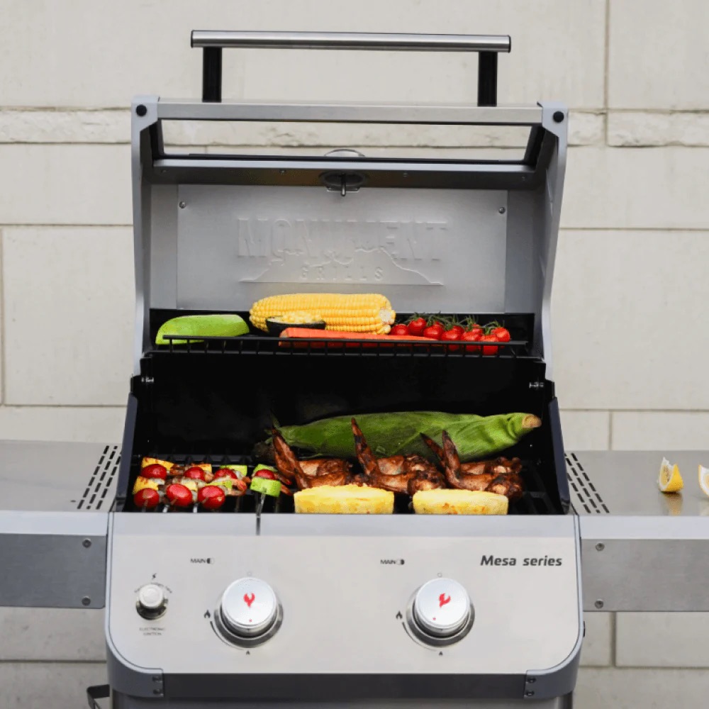 Monument Grills Mesa 200 2 Burner Freestanding Propane Gas Grill with Clear View Lid   Stainless Steel