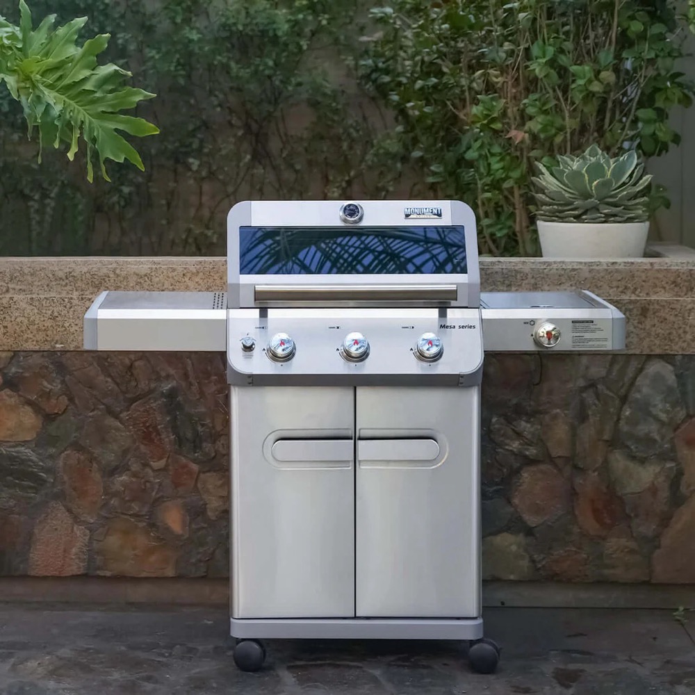 Monument Grills Mesa 305 3 Burner Stainless Steel Freestanding Propane Gas Grill with Clear View Lid  and  Side Burner