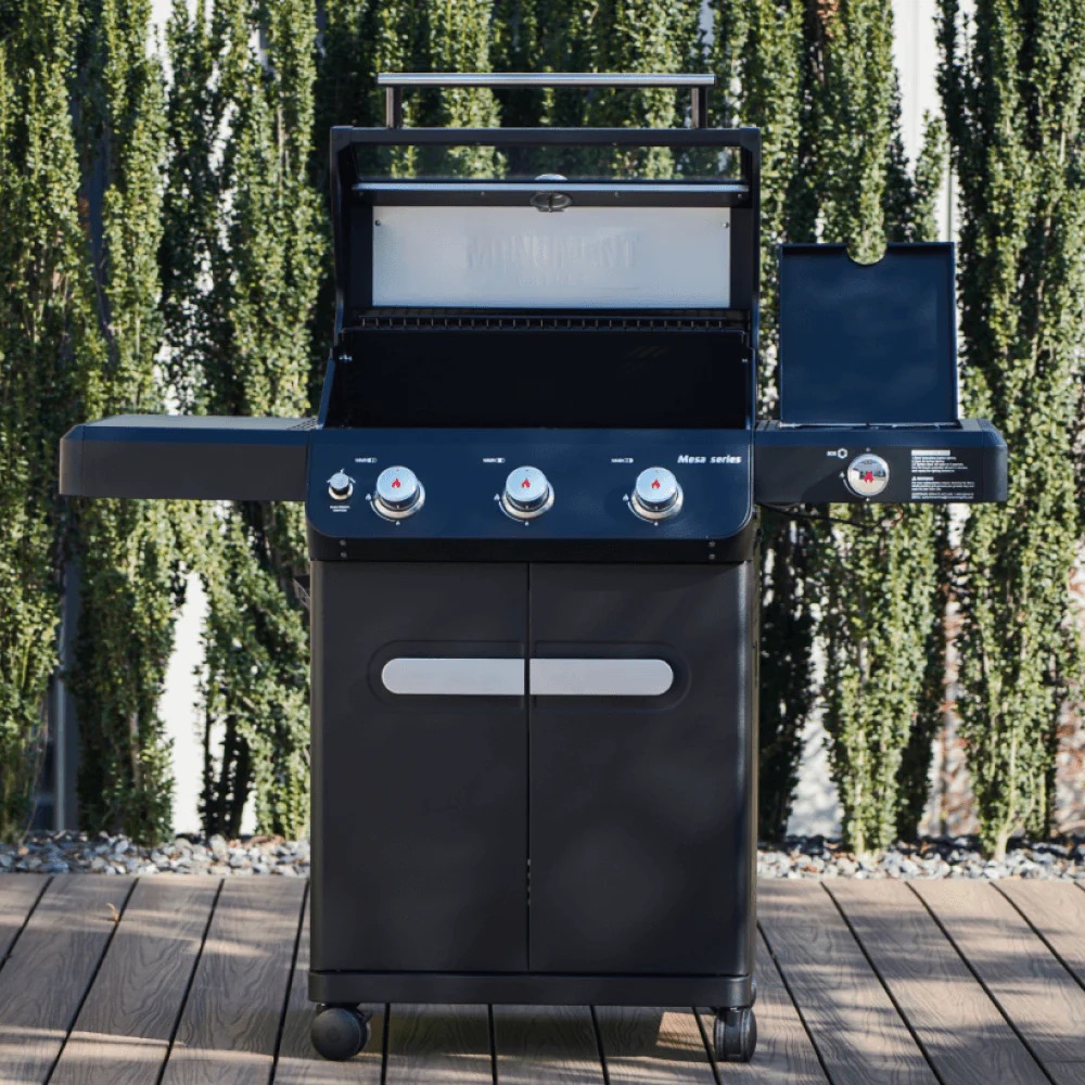 Monument Grills Mesa 325 3 Burner Freestanding Propane Gas Grill with Clear View Lid  and  Side Burner