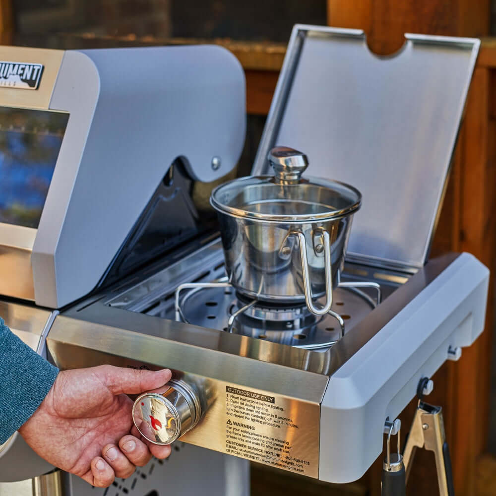 Monument Grills Mesa 415BZ 4 Burner Stainless Steel Freestanding Propane Gas Grill with Clear View Lid Broil Zone  and  Side Burner
