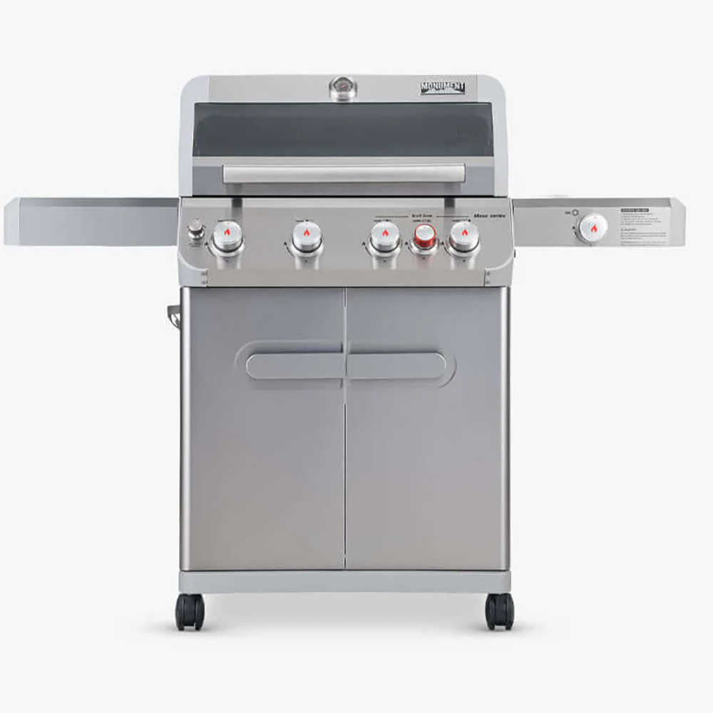 Monument Grills Mesa 415BZ 4 Burner Stainless Steel Freestanding Propane Gas Grill with Clear View Lid Broil Zone  and  Side Burner