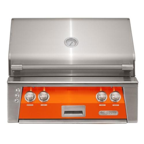 Alfresco Grills ALXE 30 Inch 2 Burner Built In Propane Gas Grill with Rear Infrared Burner   Luminous Orange