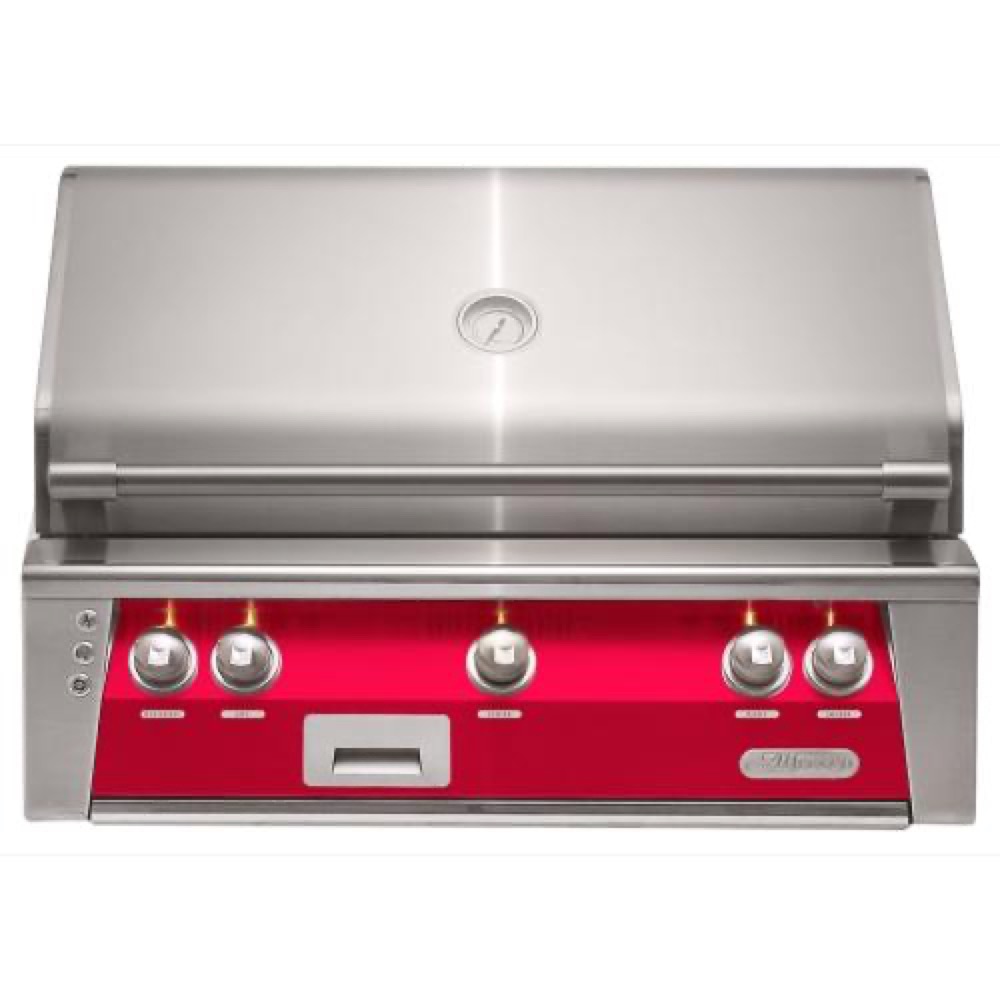 Alfresco Grills ALXE 36 Inch 3 Burner Built In Propane Gas Grill with Sear Zone and Rear Infrared Burner   Raspberry Red
