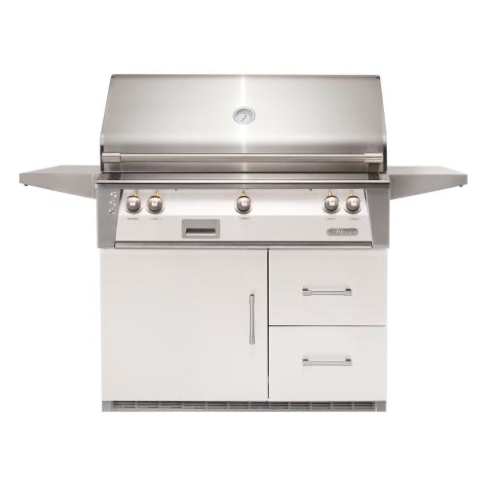 Alfresco Grills ALXE 42 Inch 3 Burner Freestanding Propane Gas Grill with Rear Infrared Burner on Refrigerated Cart   Signal White Gloss