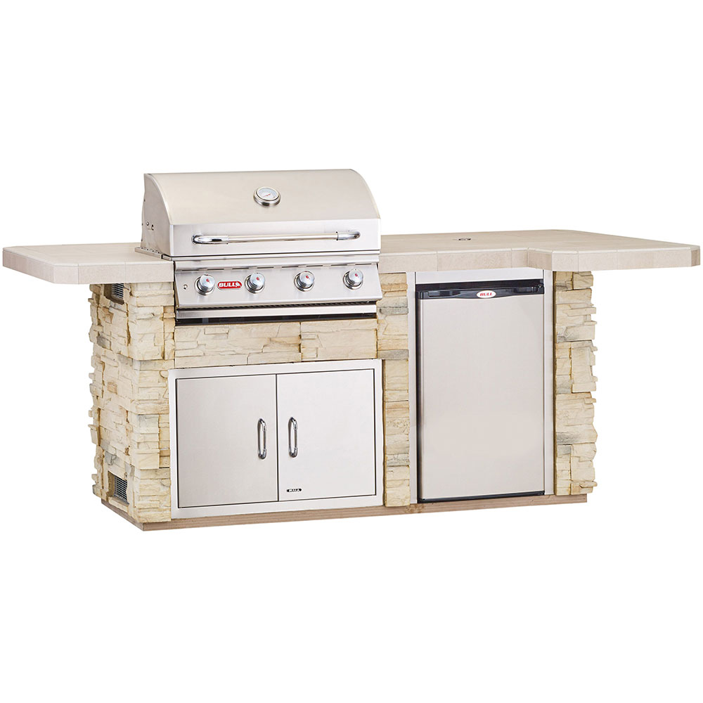 Bull BBQ Fully-Assembled 8 Ft. Outdoor Kitchen BBQ Island With 30-Inch  Angus Grill, Fridge, Single Side Burner And 30-Inch Access Door & Double  Drawer Combo - Rock Base And Tile Countertop 