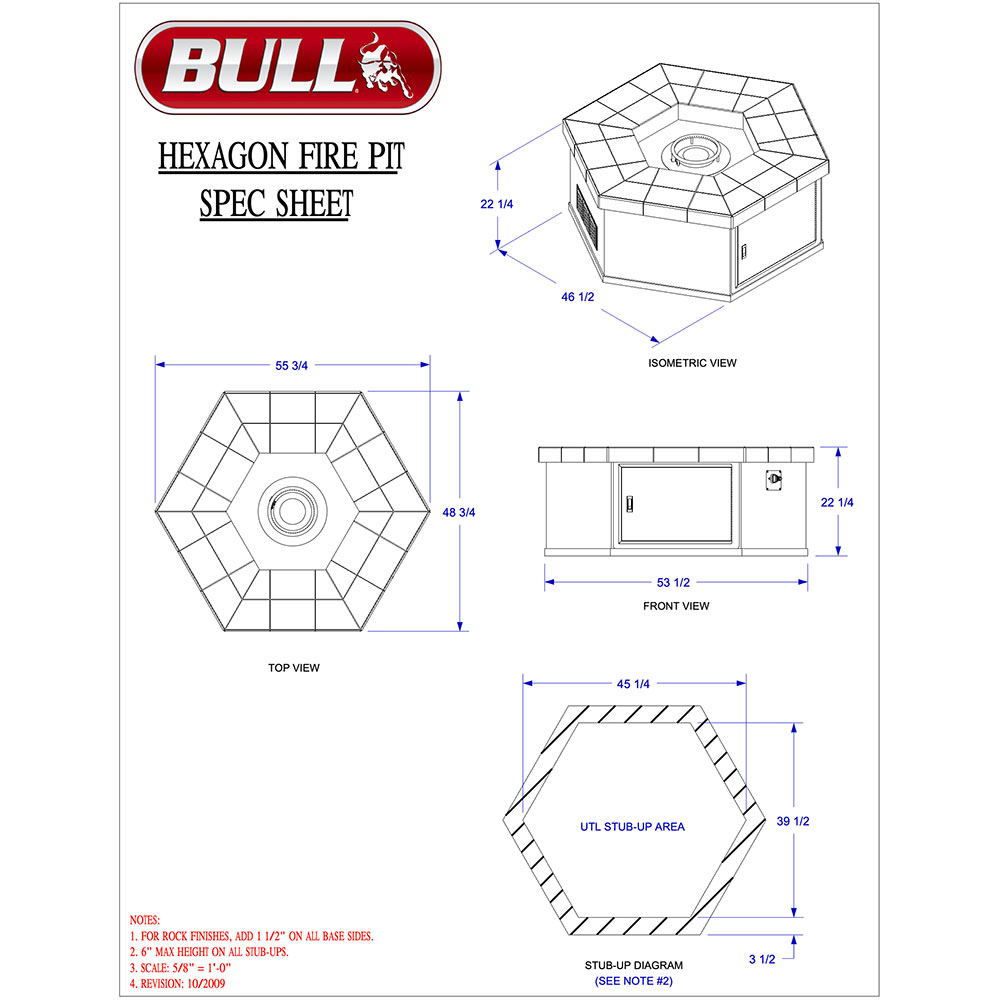 Bull BBQ Fully Assembled 48 Inch 35000 BTU Hexagon Gas Fire Pit with Single Access Door   Stucco Base and Tile Countertop