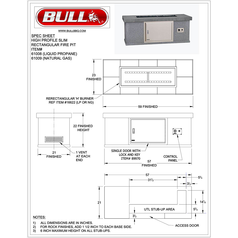 Bull BBQ Fully Assembled 59 Inch 35000 BTU High Profile Slim Rectangle Gas Fire Pit with Single Access Door   Stucco Base and Tile Countertop