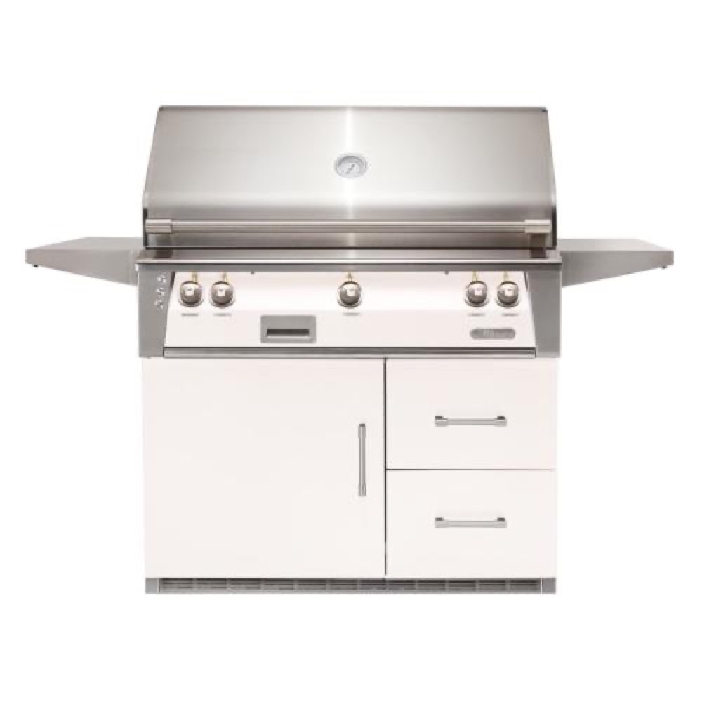 Alfresco Grills ALXE 42 Inch 3 Burner Freestanding Natural Gas Grill with Sear Zone and Rear Infrared Burner on Refrigerated Cart    Signal White Matte