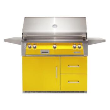Alfresco Grills ALXE 42 Inch 3 Burner Freestanding Natural Gas Grill with Sear Zone and Rear Infrared Burner on Refrigerated Cart Traffic Yellow ALXE 42SZRFG NG S1023 350