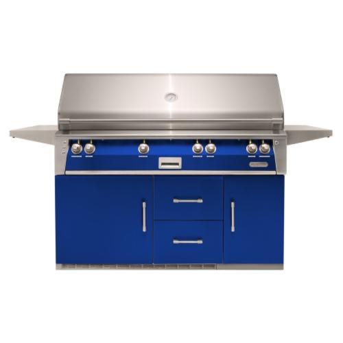 Alfresco Grills ALXE 56 Inch 4 Burner Freestanding Propane Gas Grill with Sear Zone and Rear Infrared Burner on Refrigerated Cart   Ultramarine Blue