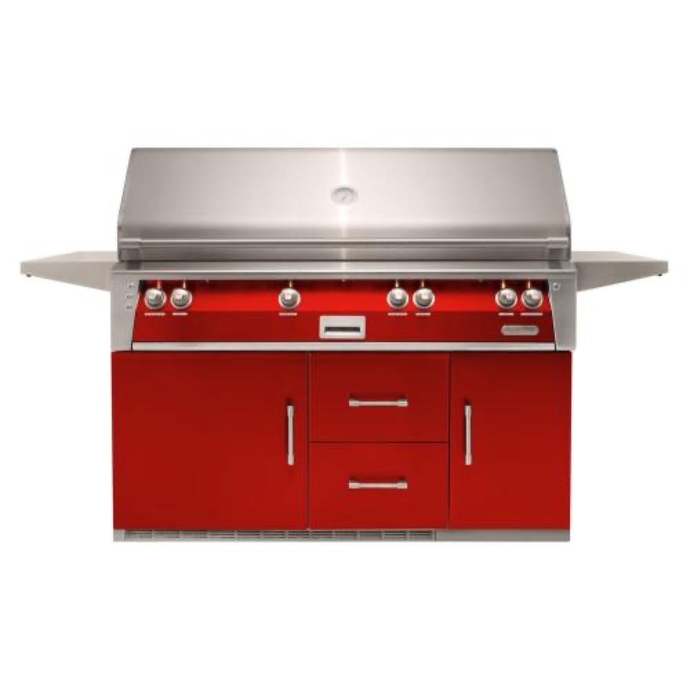 Alfresco Grills ALXE 56 Inch 4 Burner Freestanding Propane Gas Grill with Sear Zone and Rear Infrared Burner on Refrigerated Cart   Carmine Red