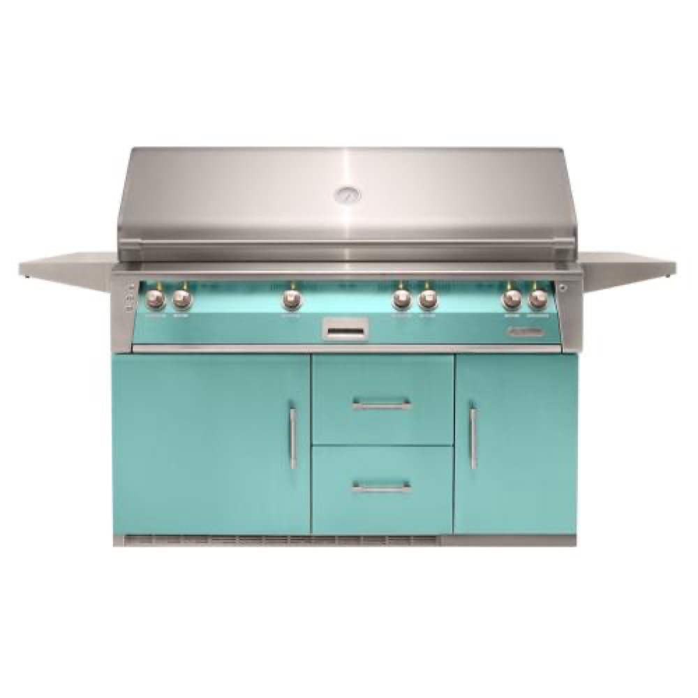 Alfresco Grills ALXE 56 Inch 4 Burner Freestanding Propane Gas Grill with Sear Zone and Rear Infrared Burner on Refrigerated Cart   Light Green