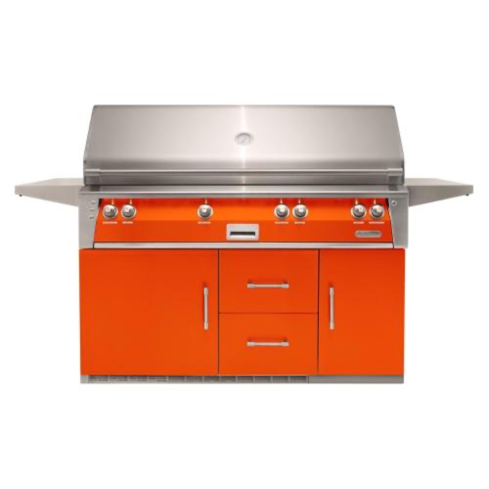 Alfresco Grills ALXE 56 Inch 4 Burner Freestanding Propane Gas Grill with Sear Zone and Rear Infrared Burner on Refrigerated Cart   Luminous Orange