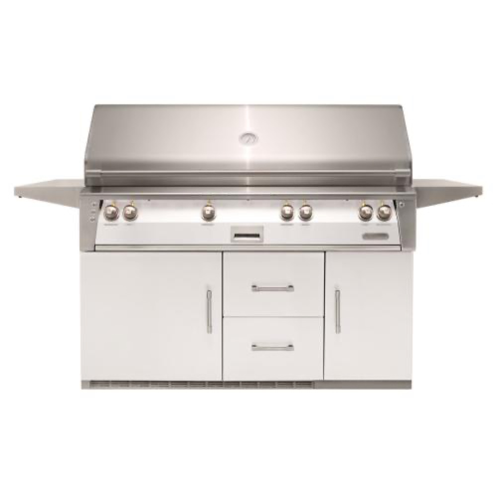 Alfresco Grills ALXE 56 Inch 4 Burner Freestanding Natural Gas Grill with Sear Zone and Rear Infrared Burner on Refrigerated Cart   Signal White Gloss