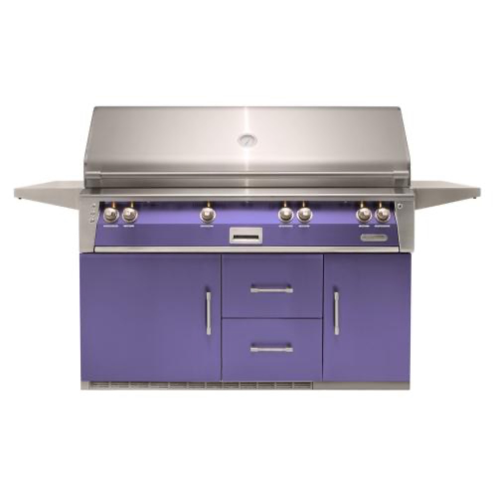 Alfresco Grills ALXE 56 Inch 4 Burner Freestanding Natural Gas Grill with Sear Zone and Rear Infrared Burner on Refrigerated Cart   Blue Lilac