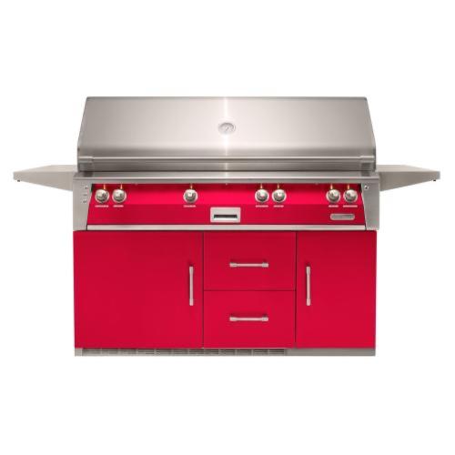 Alfresco Grills ALXE 56 Inch 4 Burner Freestanding Natural Gas Grill with Sear Zone and Rear Infrared Burner on Refrigerated Cart   Raspberry Red