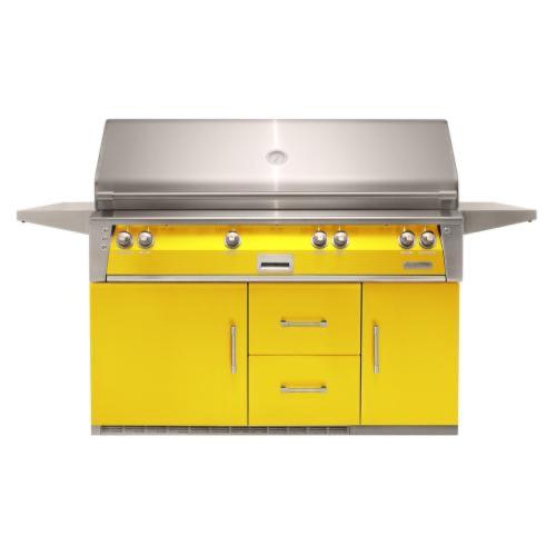 Alfresco Grills ALXE 56 Inch 4 Burner Freestanding Natural Gas Grill with Sear Zone and Rear Infrared Burner on Refrigerated Cart   Traffic Yellow