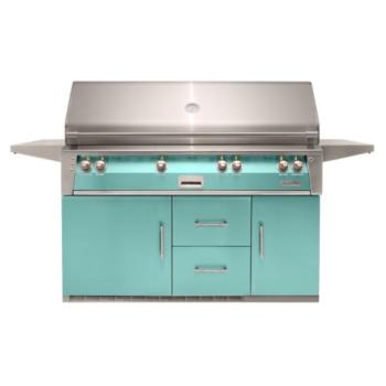 Alfresco Grills ALXE 56 Inch 4 Burner Freestanding Natural Gas Grill with Sear Zone and Rear Infrared Burner on Refrigerated Cart Light Green ALXE 56BFGR NG S6027 350