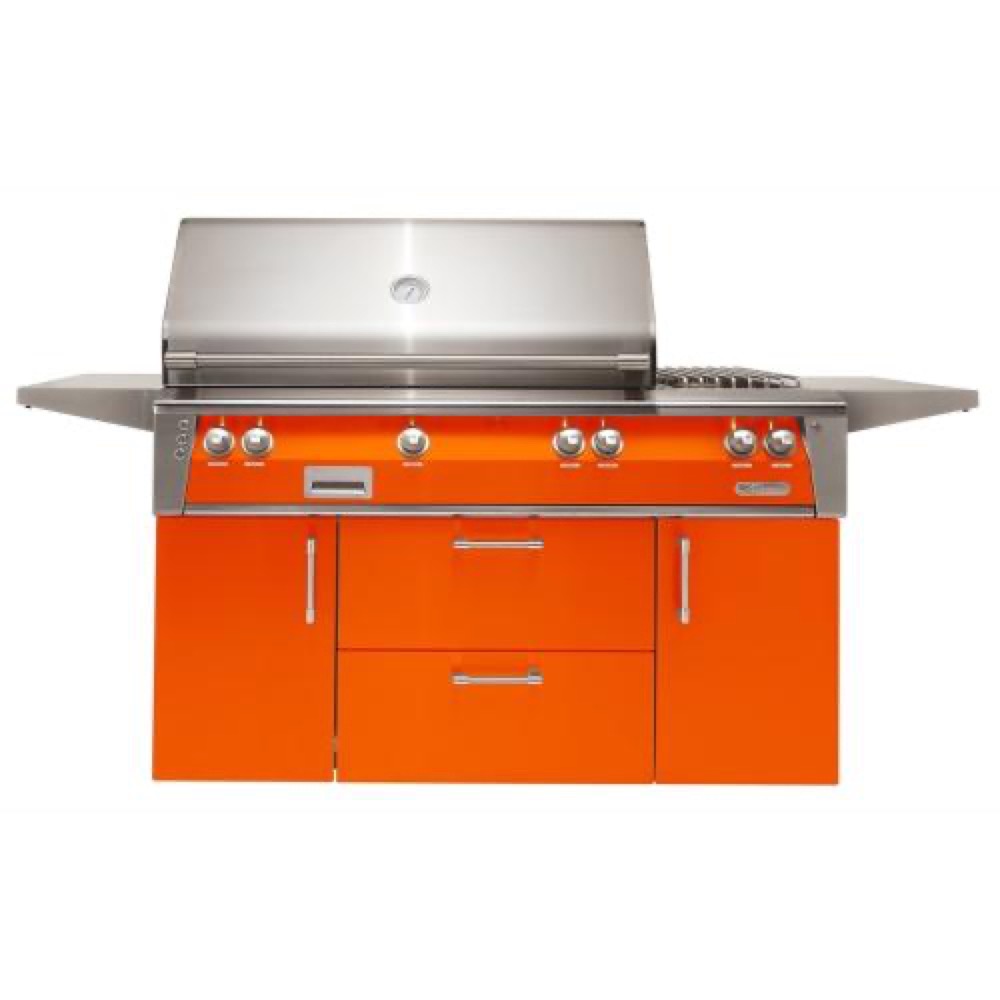 Alfresco Grills ALXE 56 Inch 3 Burner Freestanding Propane Gas Grill with Rear Infrared Burner and Side Burner   Luminous Orange