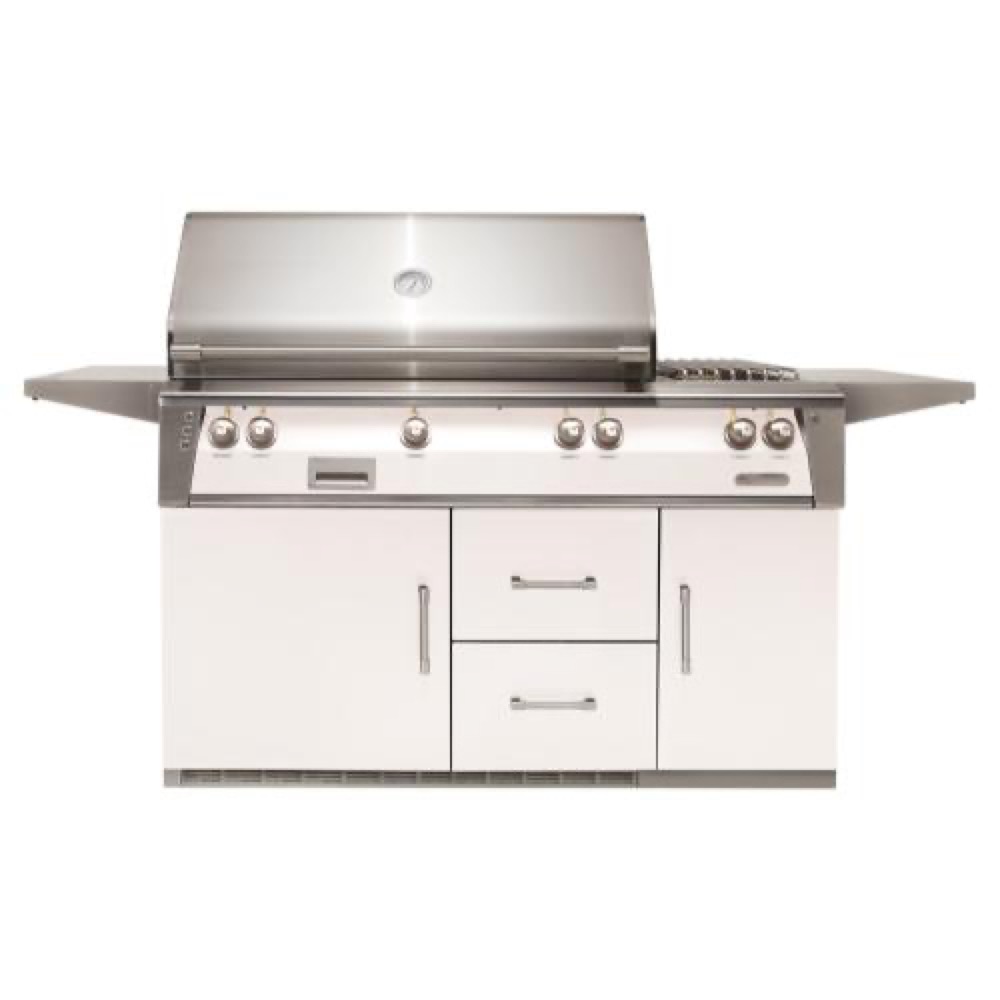 Alfresco Grills ALXE 56 Inch 3 Burner Freestanding Propane Gas Grill with Rear Infrared Burner and Side Burner on Refrigerated Cart   Signal White Matte