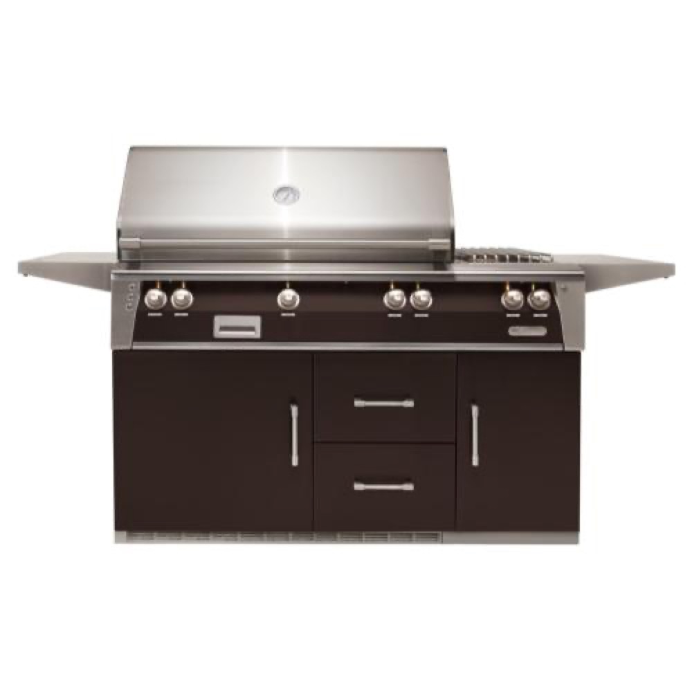 Alfresco Grills ALXE 56 Inch 3 Burner Freestanding Propane Gas Grill with Rear Infrared Burner and Side Burner on Refrigerated Cart   Jet Black Matte