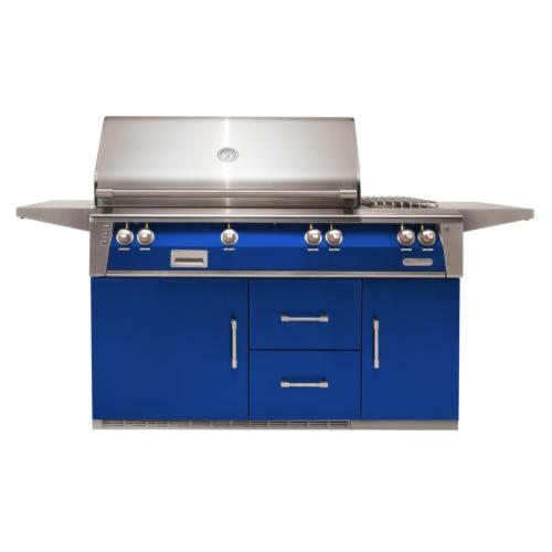 Alfresco Grills ALXE 56 Inch 3 Burner Freestanding Propane Gas Grill with Rear Infrared Burner and Side Burner on Refrigerated Cart   Ultramarine Blue