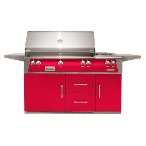 Alfresco Grills ALXE 56 Inch 3 Burner Freestanding Propane Gas Grill with Rear Infrared Burner and Side Burner on Refrigerated Cart   Raspberry Red