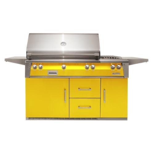 Alfresco Grills ALXE 56 Inch 3 Burner Freestanding Propane Gas Grill with Rear Infrared Burner and Side Burner on Refrigerated Cart   Traffic Yellow