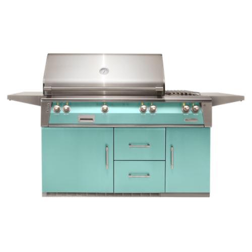 Alfresco Grills ALXE 56 Inch 3 Burner Freestanding Propane Gas Grill with Rear Infrared Burner and Side Burner on Refrigerated Cart   Light Green