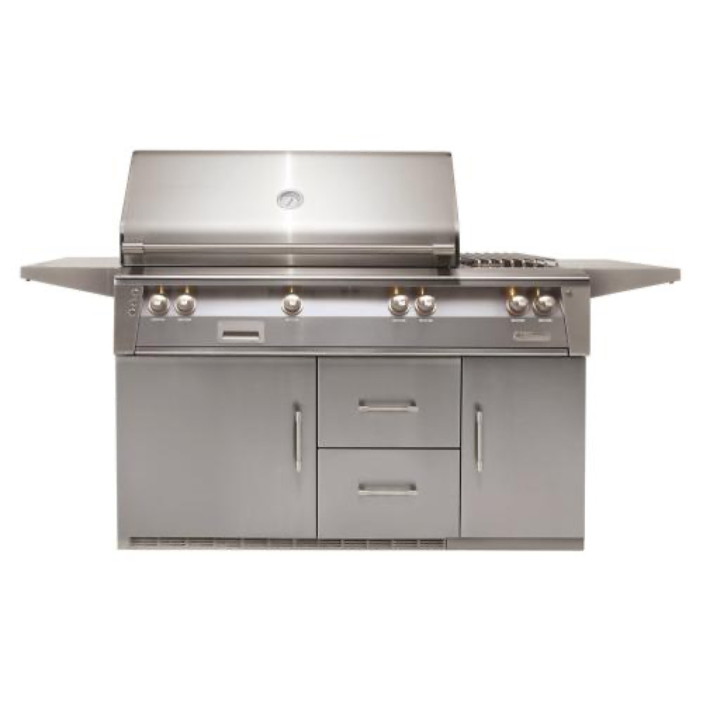 Alfresco Grills ALXE 56 Inch 3 Burner Freestanding Propane Gas Grill with Rear Infrared Burner and Side Burner on Refrigerated Cart   Signal Grey